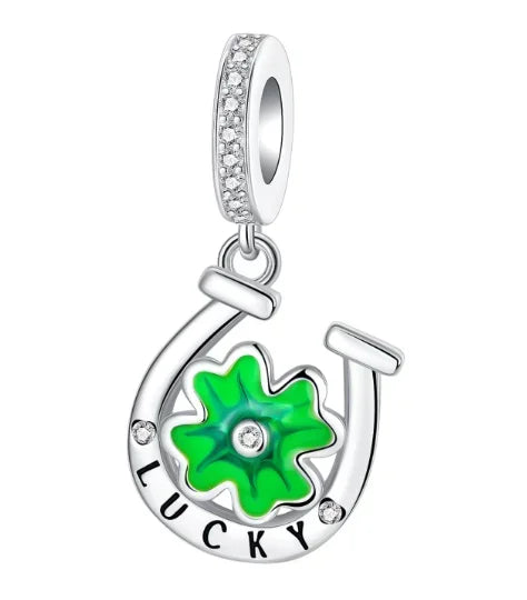 Lucky Four Leaf Clover Dangle Charm Sterling Silver Family Tree Flower Bead Pendant for Bracelets and Necklaces