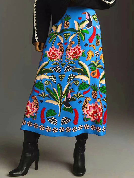 Casual Tropical Plant Print Retro Mid Calf Skirt For Women