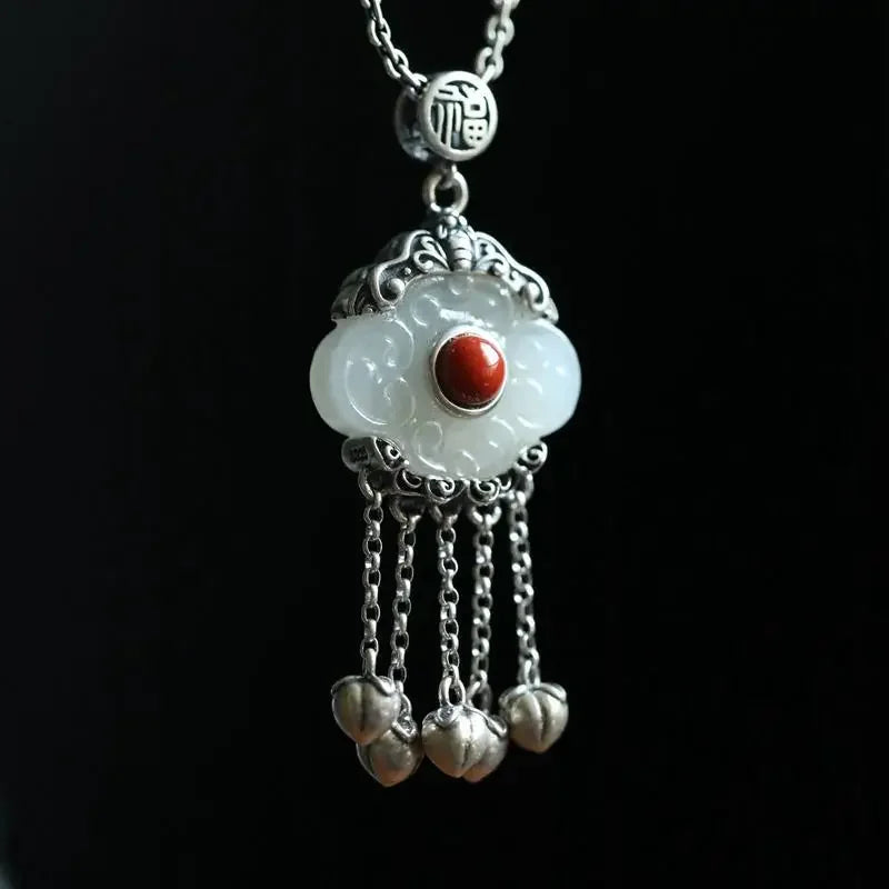 Ethnic Style Hetian Jade Silver Necklace Pendant for Ladies