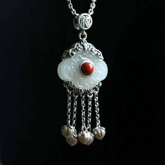 Ethnic Style Hetian Jade Silver Necklace Pendant for Ladies