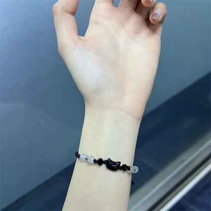 Moonstone and Obsidian Cat Bracelets Set for Couples - Minimalist Handmade Party Jewelry Gift