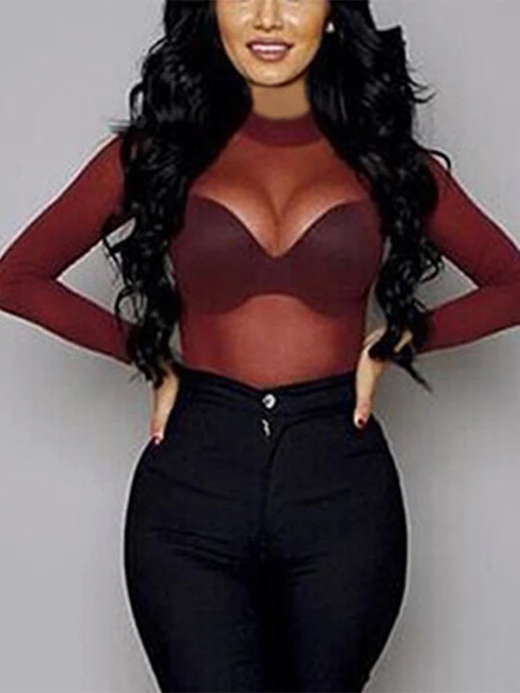 Dozw Women See Through Mesh Top Long Sleeve Turtleneck