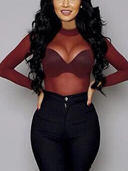 Dozw Women See Through Mesh Top Long Sleeve Turtleneck