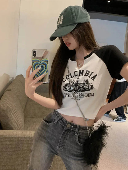 Dozw Vintage Printed Crop Top Women Y2K Aesthetic Tee