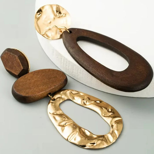 Vintage Alloy Wood Long Drop Earrings for Women - Elegant Banquet Style