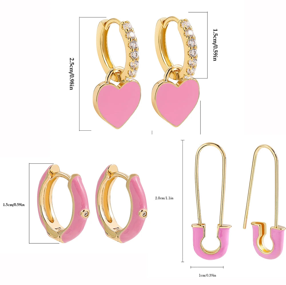 Charming Pink Heart Zircon Huggie Earrings Set for Women Fashion Hoop Jewelry