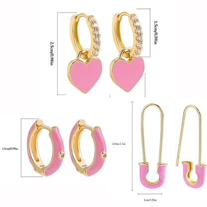 Charming Pink Heart Zircon Huggie Earrings Set for Women Fashion Hoop Jewelry