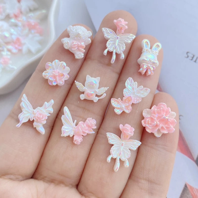 Kawaii 3D Nail Art Resin Charms Set - Bear, Butterfly, Flower, Kitten Series (50 Pieces)