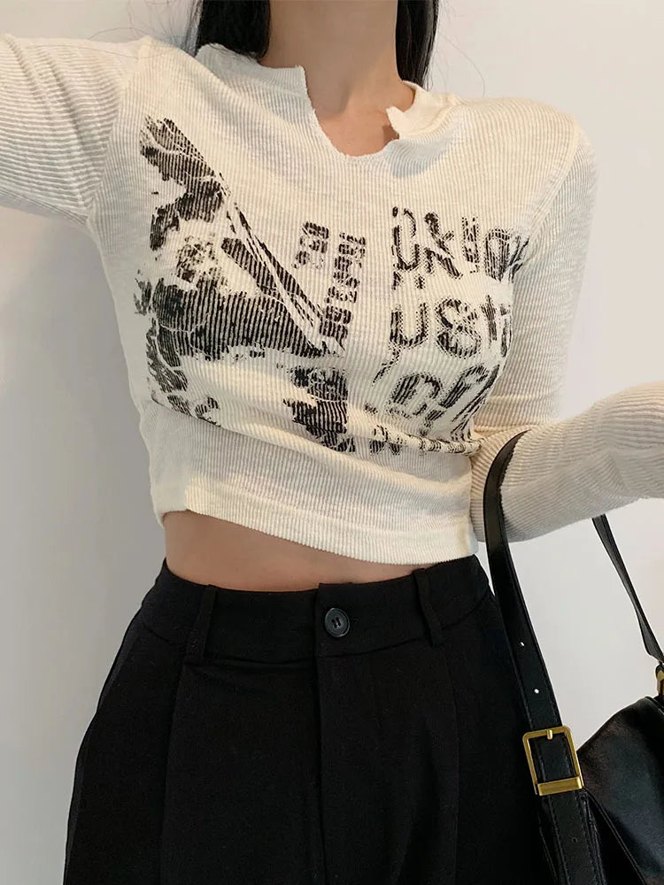 Long Sleeve Crop Top Slim Fit Vintage Graphic Y2K Tee Women