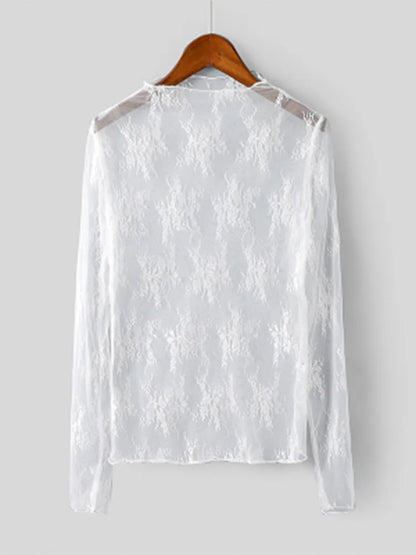 Summer Lace Embroidered Mesh Blouse See Through Black Top