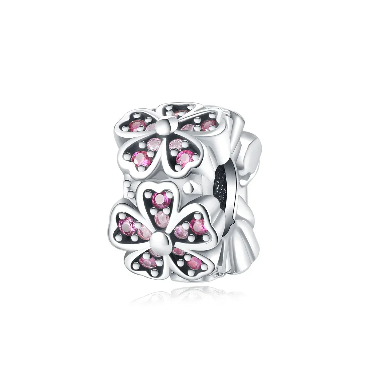 Sterling Silver Pink Blossom Dangle Charm with Butterfly Heart Flower Rose and Bird Bead for DIY Necklace and Bracelet Jewelry