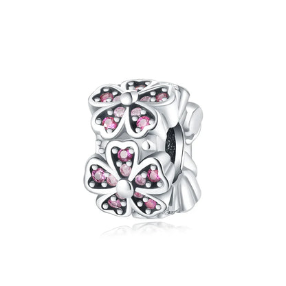 Sterling Silver Pink Blossom Dangle Charm with Butterfly Heart Flower Rose and Bird Bead for DIY Necklace and Bracelet Jewelry