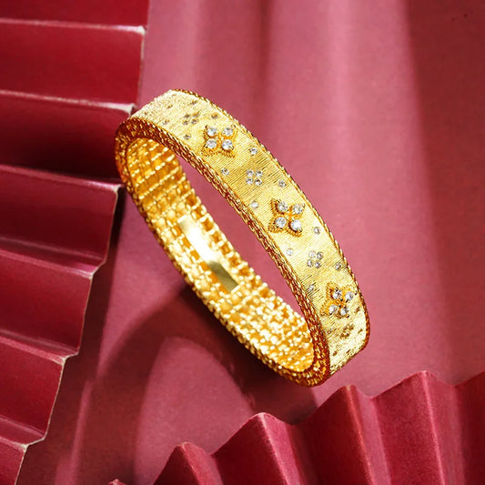 Exquisite 24K Pure Gold Women's Lucky Grass Palace Style Bracelet