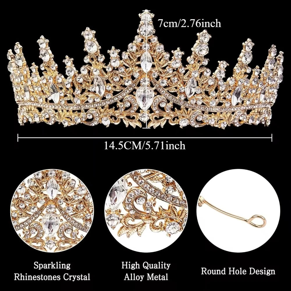 Gold Crown for Women Crystal Princess Tiara Rhinestone Queen Crown Wedding Bridal Hair Accessory for Birthday Prom Pageant Party