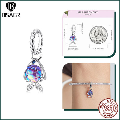 BISAER Ocean Charm 925 Sterling Silver Dolphin and Mermaid Bead with Blue CZ for DIY Jewelry ECC2033 CHINA