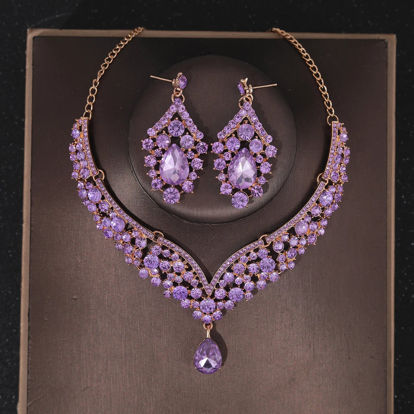 Crystal Crown Bridal Jewelry Set - 3Pcs Rhinestone Necklace & Earring Accessories Purple 2