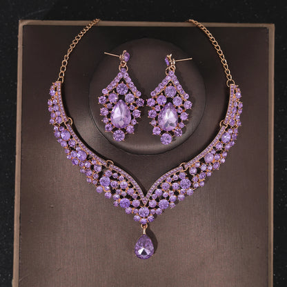Crystal Crown Bridal Jewelry Set - 3Pcs Rhinestone Necklace & Earring Accessories Purple 2