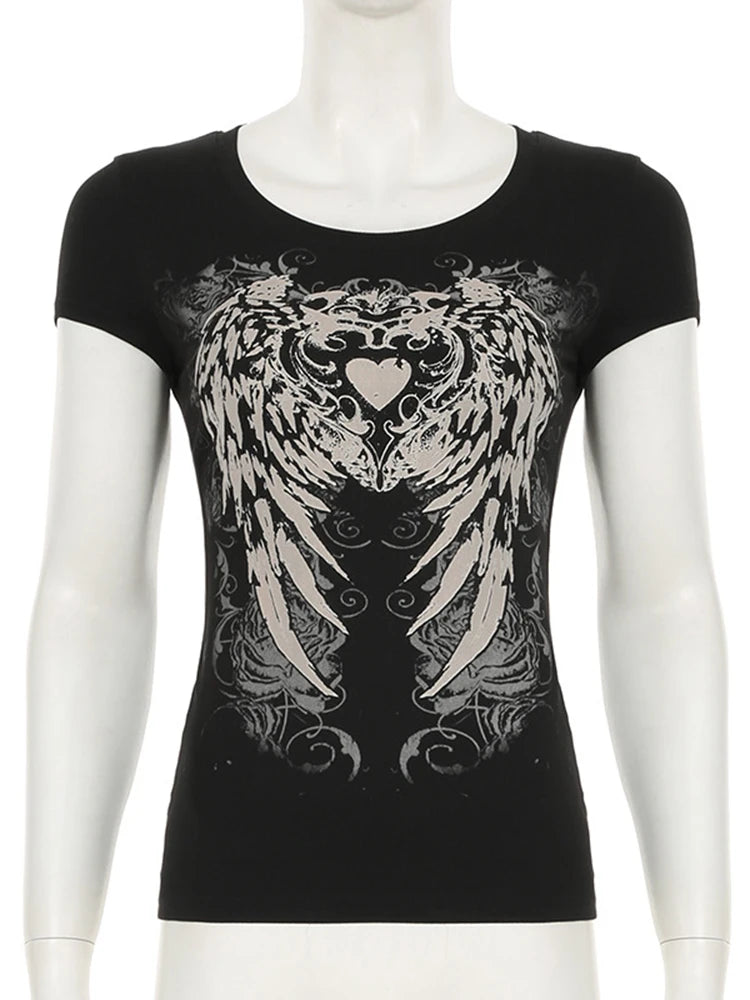 Casual Dark Printed T Shirt Basic Slim O-Neck Short Sleeve Tees Women 2025 Summer Fashion Streetwear Grunge Fairycore