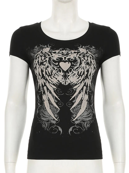 Casual Dark Printed T Shirt Basic Slim O-Neck Short Sleeve Tees Women 2025 Summer Fashion Streetwear Grunge Fairycore