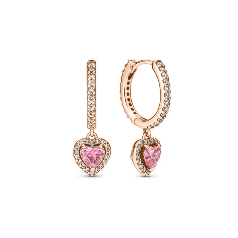 European 925 Silver Heart Shaped Earrings with Pink Red Green Zircon for Women Exquisite Holiday Jewelry Gifts