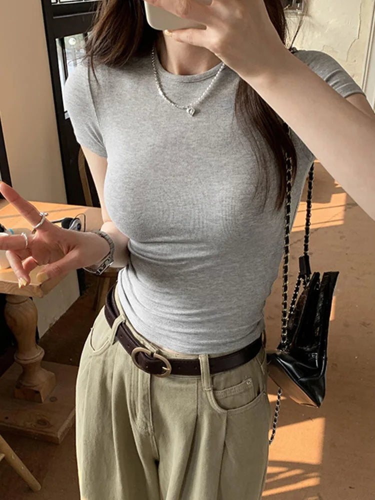 Basic Solid Crop Top Women Crewneck Short Sleeve Streetwear Tee