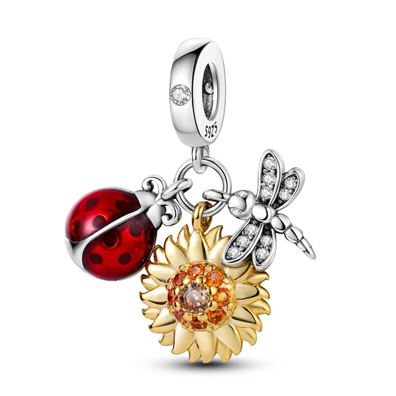 Sterling Silver Heart Sunflower Charm Pendant For Bracelet