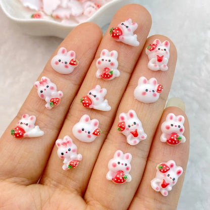 Charming Strawberry Rabbit Nail Art Decorations Set Resin 3D DIY Manicure Accessories 30 Pieces