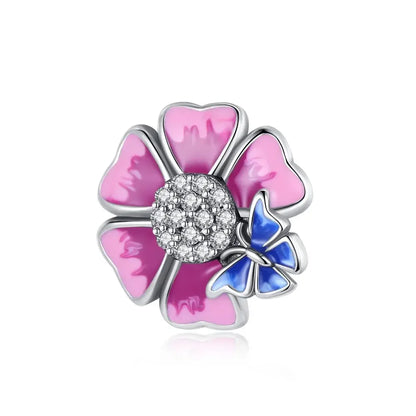 925 Sterling Silver Rose Sakura Flower Dangle Charm with Zircon for DIY Jewelry and Bracelets