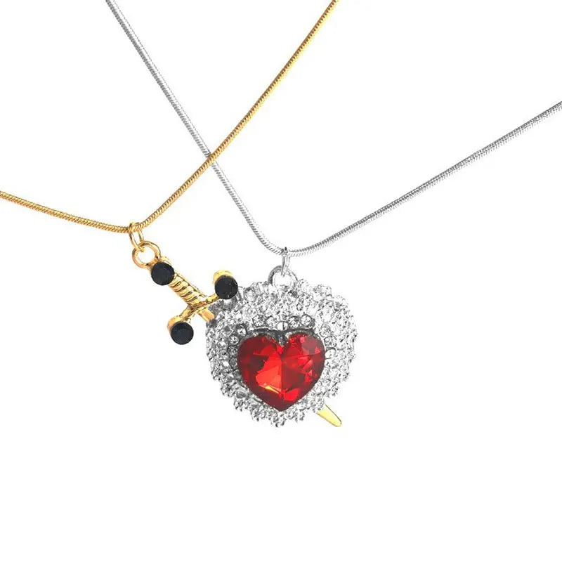Assembled Heart and Sword Zircon Pendant Necklace Set for Couples Silver Gold Plated Choker Jewelry Gifts