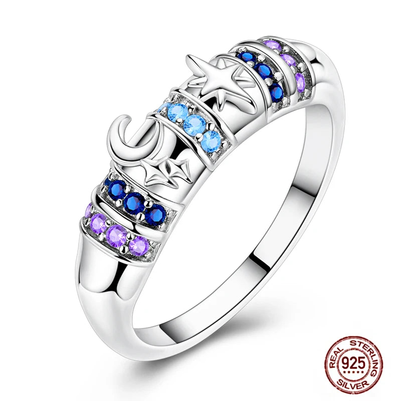 Hot Blue Zircon Ring for Women in 925 Sterling Silver with Sparkling Star and Moon Design Perfect for Weddings and Special Occasions LLTR076