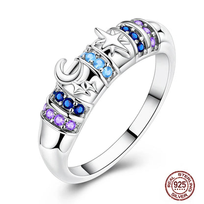Hot Blue Zircon Ring for Women in 925 Sterling Silver with Sparkling Star and Moon Design Perfect for Weddings and Special Occasions LLTR076