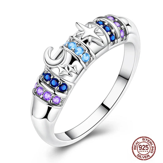 Hot Blue Zircon Rings For Women in 925 Sterling Silver Sparkling Star Moon Design Elegant Wedding Jewelry LLTR300