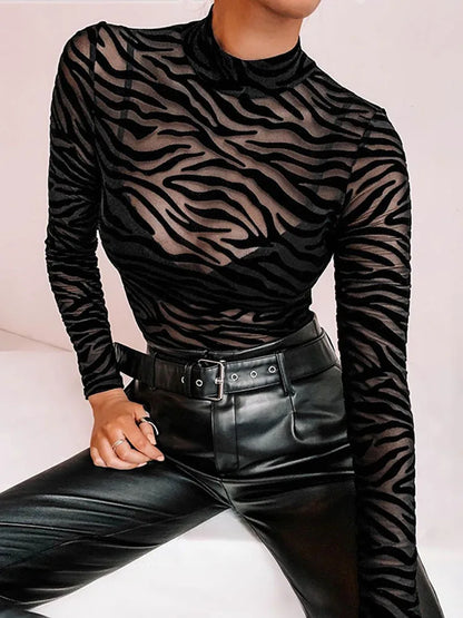 Black Mesh See Through Bodysuit Long Sleeve Mock Neck Slim
