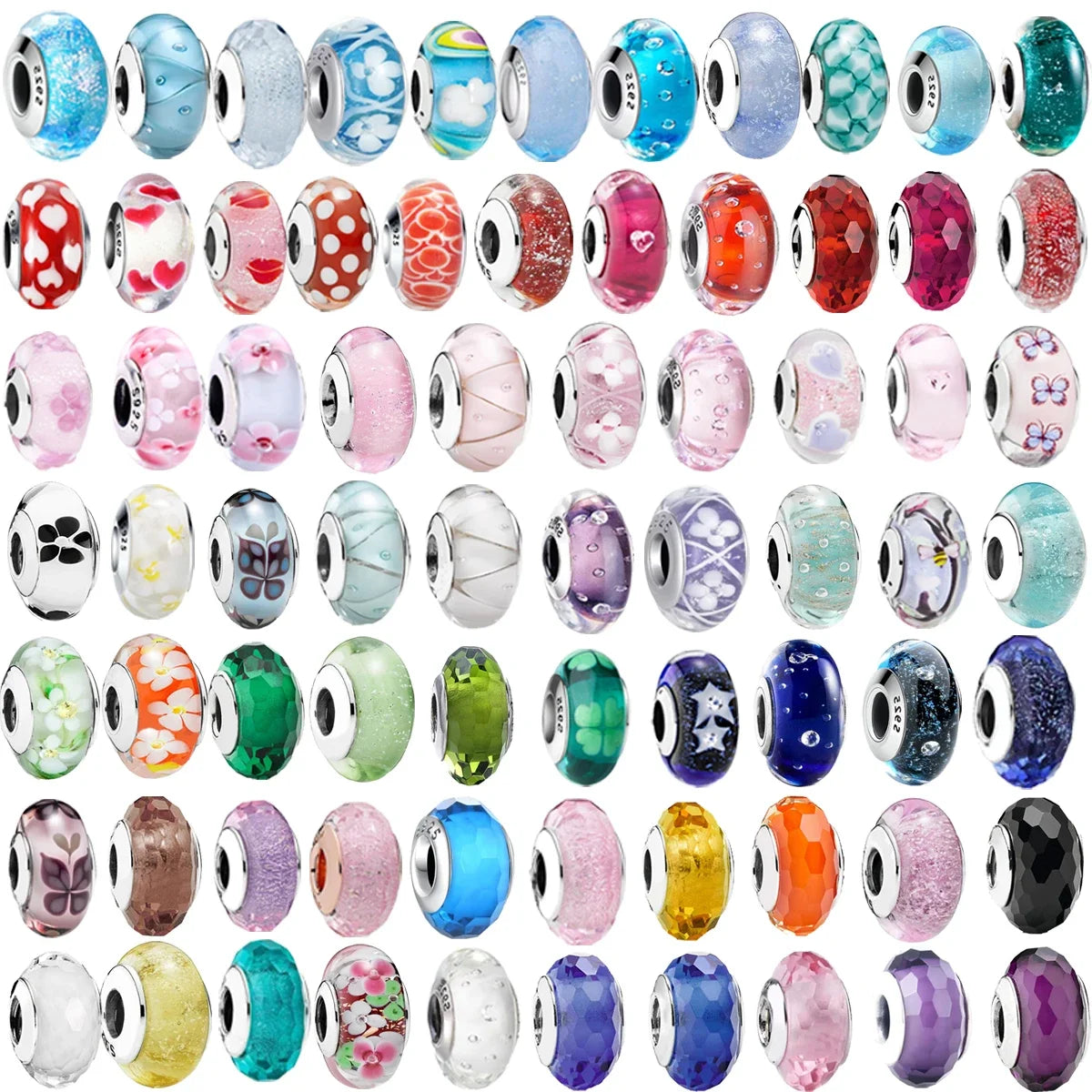 925 Sterling Silver Cosmic Rainbow Murano Glass Beads with Flower and Leaf Charms for DIY Women Jewelry