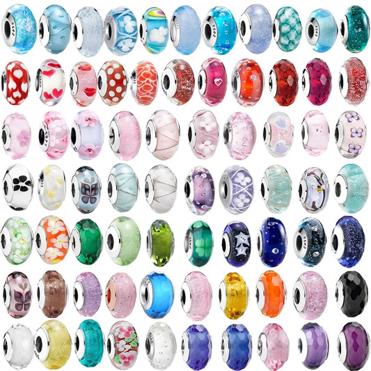 925 Sterling Silver Cosmic Rainbow Murano Glass Beads with Flower and Leaf Charms for DIY Women Jewelry