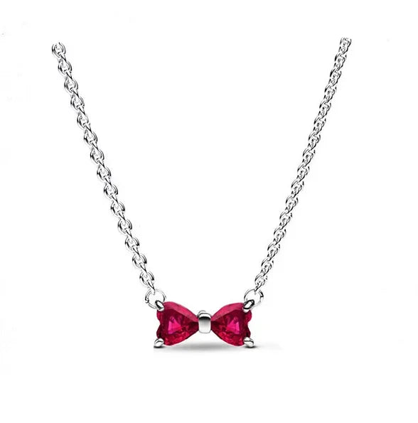 925 Sterling Silver Necklace with Colorful Bow Tie and Red Heart Zircon Pendant Classic Fashion Charm for Women