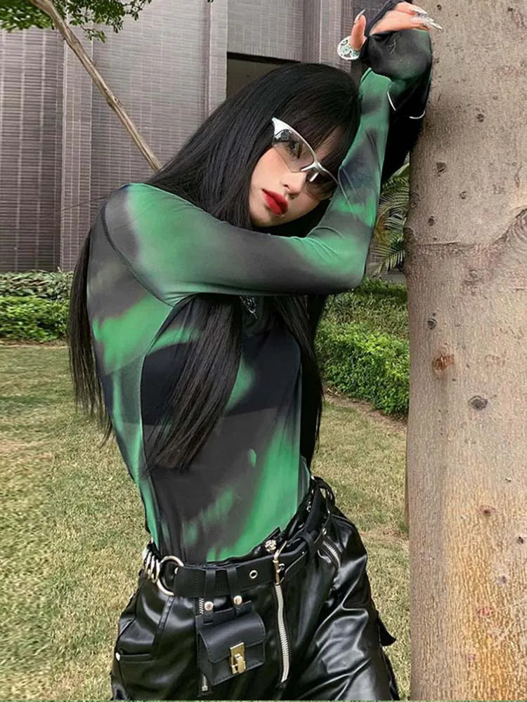 New Dozw Tie Dye Mesh Top For Women Round Neck Slim Fit