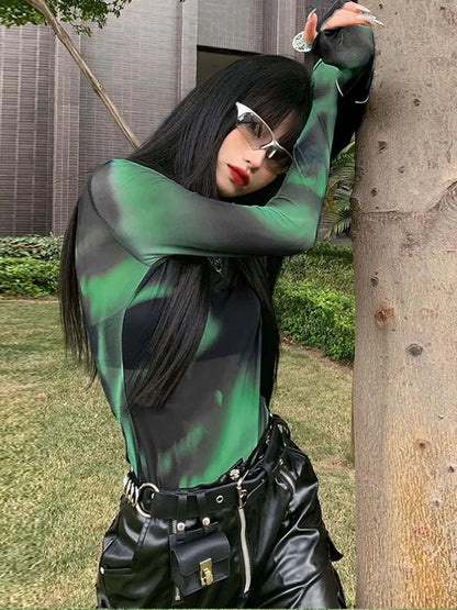 New Dozw Tie Dye Mesh Top For Women Round Neck Slim Fit