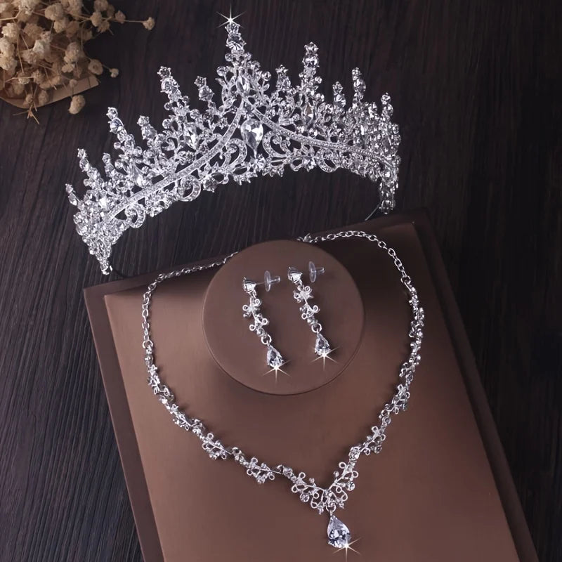 Bridal Elegance: Luxury Silver Crystal Water Drop Tiara & Jewelry Set - 4 Pcs