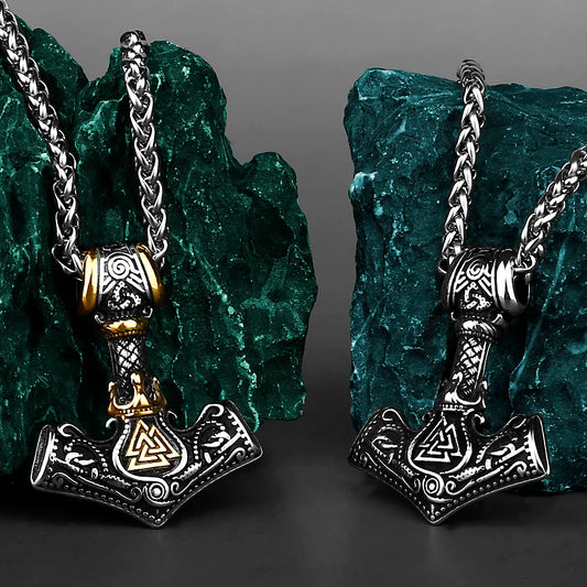 Nordic Viking Mjolnir Rune Necklace Stainless Steel Amulet Pendant for Men