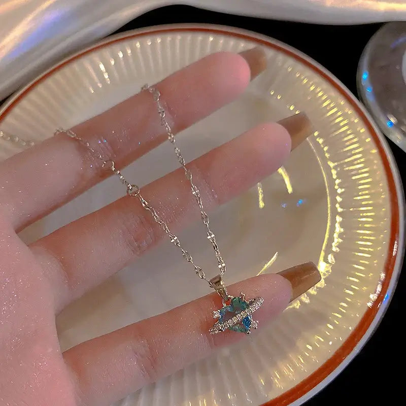 Korean Fashion Vintage Blue Crystal Pendant Necklace
