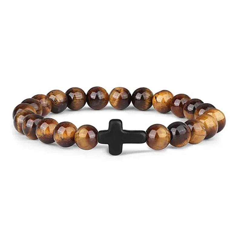 Men's Hematite Cross Bracelet with Natural Stone and Wood Beads for Meditation and Yoga Yellow Tiger eye