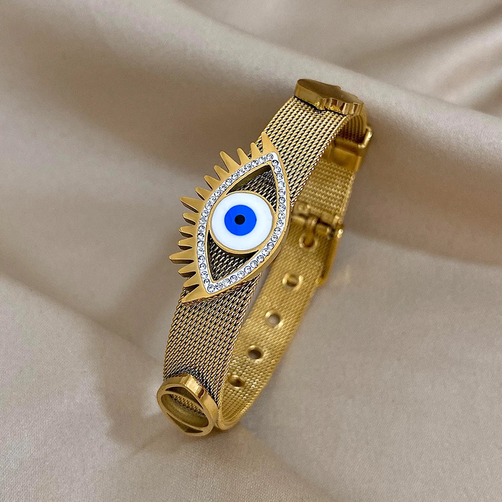 Flashbuy Boho Evil Eye Stainless Steel Bangles for Women with Enamel Rhinestones Gold Plated Waterproof Fashion Jewelry Gift