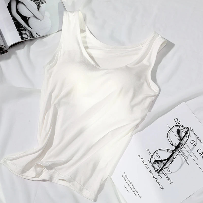 2023 Women’s Slim Fit Vest Tops with Built-In Bra Padded Neck Tank Casual Solid Color Shirts
