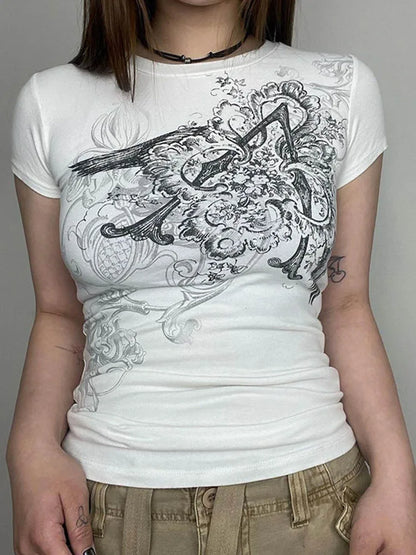 Retro Graphic Crop Top White O Neck Tee For Women Y2K Style
