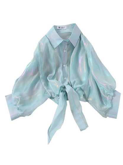 Sparkling Buttoned Waist Blouse For Women Half Sleeve