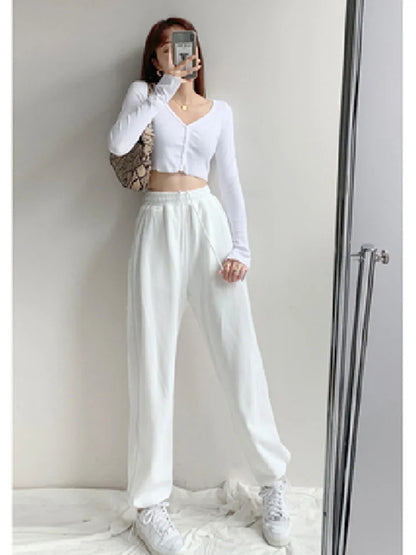 Korean White Blue High Waist Loose Drawstring Harem Pants