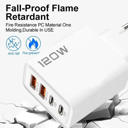 120W 4 Port USB C Fast Charger With Data Cable 2 USB C 2 USB A Ports For Samsung iPhone Xiaomi Huawei