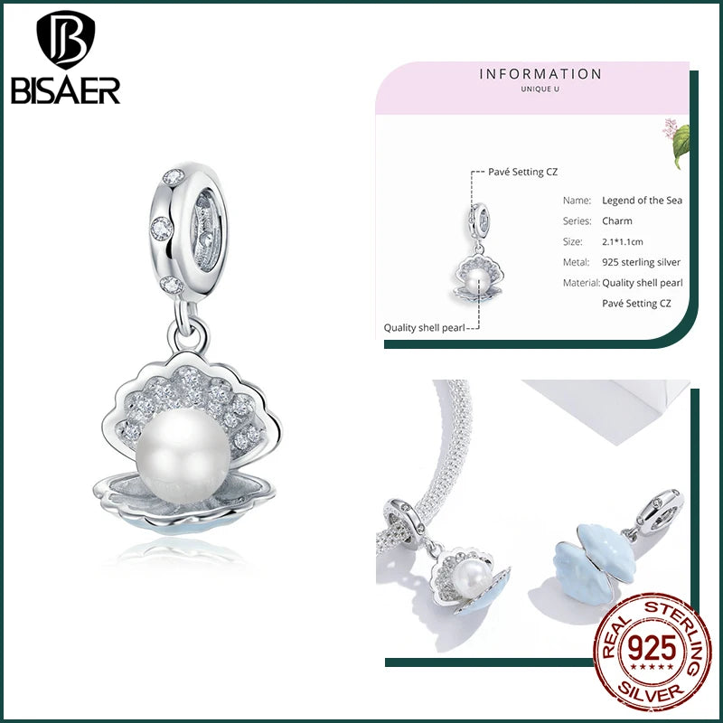 BISAER Ocean Charm 925 Sterling Silver Dolphin and Mermaid Bead with Blue CZ for DIY Jewelry ECC683 CHINA