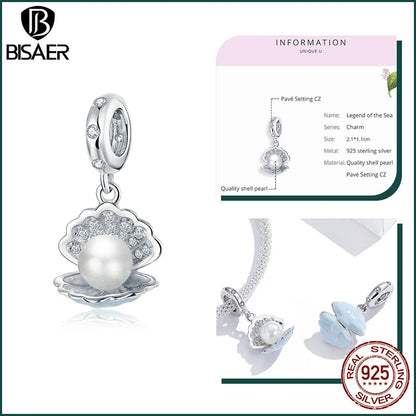 BISAER Ocean Charm 925 Sterling Silver Dolphin and Mermaid Bead with Blue CZ for DIY Jewelry ECC683 CHINA